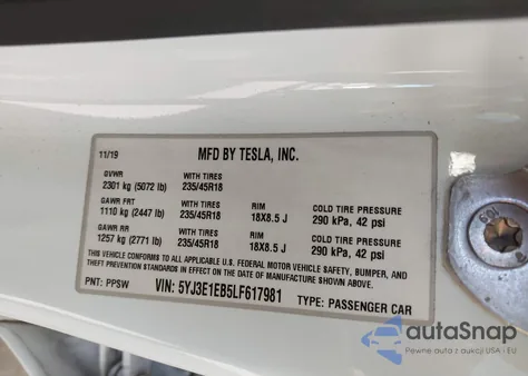 2020 Tesla Model 3 Long Range Dual Motor All-Wheel Drive из США, поврежденный, VIN 5YJ3E1EB5LF617981